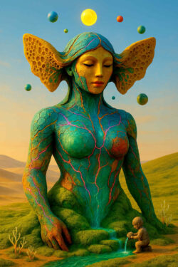 Eine farbenreiche, organische weilbiche Gestalt sitzt in einer hügeligen Landschaft aus Grün und Ocker. Aus ihrem Körper entspringt ein kleiner Wasserlauf, an dem ein Kind spielt. Über dem Kopf schweben farbige Kugeln in ruhiger Ordnung. Die Szene erinnert an eine friedliche Schöpfungsallegorie voller Wärme und Balance.