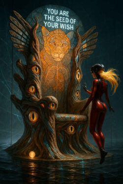 Eine Frau im roten, futuristischen Anzug steht vor einem aus Augen und Holz gewachsenen Thron. Über dem Thron erscheint ein großes Relief eines Löwen mit der Inschrift „YOU ARE THE SEED OF YOUR WISH“. Die Szene ist in dunkles Wasser getaucht, das das Licht des Thrones reflektiert. Die Atmosphäre wirkt geheimnisvoll, wie ein Ritual der Selbstfindung.
