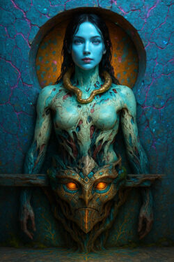 Eine blauhäutige, menschenähnliche Gestalt steht in einer runden Wandöffnung, als sei sie aus dem Gestein selbst hervorgewachsen. Risse durchziehen ihren Körper wie Wurzeln, und ein goldener Schlangenschmuck umrahmt ihren Hals. Unter ihrer Taille sitzt ein ornamentiertes Maskengesicht mit bernsteinleuchtenden Augen. Die Szene wirkt wie ein Ritualmoment in einer uralten, mythischen Architektur.