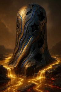 Ein massiver, dunkler Monolith erhebt sich aus einer Landschaft aus fließender, goldglühender Lava. Die Oberfläche ist mit blauen und goldenen Linien durchzogen, die wie metallische Adern wirken. Die Umgebung liegt im Zwielicht, sodass der leuchtende Lavastrom das Hauptlichtmotiv bildet. Der Turm wirkt wie ein künstliches, uraltes Artefakt, das Macht und Gefahr ausstrahlt. Die Atmosphäre wirkt heiß, bedrohlich und voller archaischer Energie.