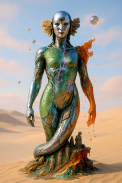 Eine schlanke, metallisch-organische Frauenfigur steht auf einem Sockel in der Wüste. Ihr Körper ist von feinen, leuchtenden Adern durchzogen, während eine Seite zu zerfließen scheint. Kleine menschliche Figuren sind am Sockel versammelt und blicken zu ihr auf. Schwebende Kugeln verstärken den Eindruck einer außerzeitlichen Präsenz.