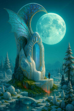 Ein hochaufragendes, flügelartiges Portal aus blau schimmerndem Stein steht in einer frostigen Traumlandschaft. Ein einsamer Mensch blickt hinauf zu der Öffnung, die wie ein Übergang in eine andere Welt wirkt. Der riesige Mond beleuchtet die Szene mit kaltem, magischem Licht. Um das Bauwerk herum ruhen geometrische Schneestrukturen im stillen Wasser.