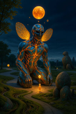 Eine riesenhafte, kniende männliche Gestalt mit leuchtenden, netzartigen Adern beugt sich zu einem Kind. Über beiden schwebt ein goldener Himmelskörper mit kleineren Begleitkugeln. Die Landschaft ist weich modelliert und surreal, fast traumartig. Das Bild vermittelt Fürsorge, Demut und kosmische Verbundenheit.