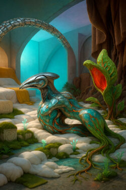 Ein metallisch-organisches Wesen in vogelähnlicher Form liegt in einem architektonischen Raum voller weicher, wolkenhafter Formen. Seine glänzende Oberfläche zeigt türkisfarbene Strukturen, durchzogen von Adern wie flüssigem Metall. Neben ihm wächst eine große Pflanze mit leuchtend rotem Inneren, als stamme sie aus einem fremden Ökosystem. Der Raum wirkt wie ein Tempel für exotische Lebensformen.