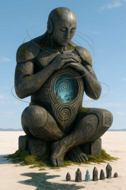 Eine gigantische steinerne Gestalt sitzt im Lotussitz in einer weißen Salzebene. In ihrem Bauch befindet sich ein rundes Fenster, das eine tiefe, spiralförmige Meereslandschaft zeigt. Um sie herum stehen kleine steinartige Figuren wie Pilger. Goldene Linien durchziehen ihren Körper wie uralte Energiebahnen, während vereinzelte Moospolster an ihr haften.