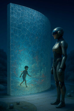 Eine gepanzerte, humanoide Gestalt steht vor einer hohen, durchscheinenden Wand. Im Inneren der Wand bewegt sich ein Kind in einer blaugrünen, wässrigen Welt. Beide Figuren sind räumlich getrennt, aber visuell aufeinander bezogen. Das Motiv erzählt von Schutz, Trennung und unerreichbarer Nähe.