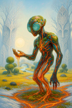 Ein humanoides Wesen aus Lava, Moos und leuchtenden Adern schreitet durch eine träumerische Landschaft. Seine spiralförmigen Augen scheinen den Betrachter zu hypnotisieren, während Lava wie flüssiges Licht von seiner Hand tropft. Hinter ihm stehen filigrane, bäumartige Strukturen mit maskenhaften Gesichtern. Der gesamte Ort wirkt wie ein lebendiger Organismus, der sich in sanftem Atem hebt und senkt.