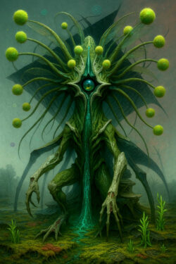 Eine pflanzenartige, humanoide Gestalt erhebt sich aus moosigem Boden. Leuchtend grüne Kugeln schweben an langen, organischen Ausläufern um den Körper. Im Zentrum des Wesens glimmt ein kühles, inneres Licht. Das Bild verbindet Natur, Fremdheit und eine stille, außerirdische Präsenz.