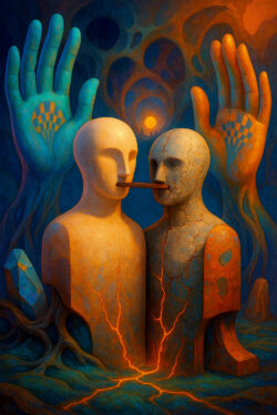 Zwei humanoide Figuren stehen sich gegenüber, ihre Körper in warmen und kühlen Erdtönen gespalten. Ein hölzernes Element verbindet ihre Münder, als müssten sie ein gemeinsames Wort tragen. Hinter ihnen erheben sich riesige Hände mit eingeätzten Mustern, umgeben von einem höhlenartigen, glühenden Raum. Leuchtende Risse am Boden erinnern an verborgene Emotionen unter der Oberfläche.