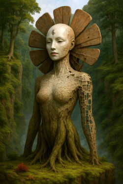 Eine humanoide, baumartige Frauenfigur steht in einem moosigen Wald und scheint mit dem Boden verwachsen zu sein. Ihre Haut wirkt rissig wie getrocknete Erde, während sich Wurzeln aus ihrem Unterleib in den Waldboden verzweigen. Der Kopf ist von fächerartigen, hölzernen Strukturen umgeben, die an Blütenblätter erinnern. Die Atmosphäre ist ruhig, feucht und von uralter Natur durchdrungen.