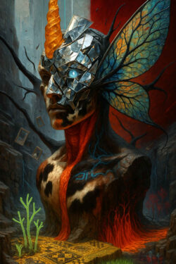 Ein hybrides Wesen mit menschlichem Gesicht trägt eine zerbrochene, kristallartige Maske. Ein hornartiger Fortsatz ragt aus dem Kopf, während flügelähnliche Strukturen seitlich wachsen. Der Hintergrund ist dunkel und fragmentiert, mit symbolhaften Elementen und glühenden Linien. Die Szene wirkt bedrohlich, introspektiv und traumartig.