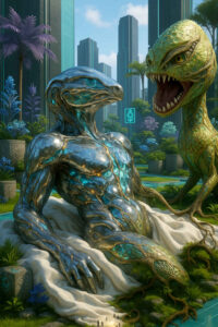 In einer futuristischen Gartenlandschaft sitzt eine metallisch schimmernde Kreatur, deren Körper wie lebendes Edelstahl erscheint. Hinter ihm erhebt sich eine reptilienartige Wesenheit mit weit geöffnetem Maul und scharfen Zähnen. Moderne Gebäude und exotische Pflanzen umgeben die Szene, die sowohl technologisch als auch biologisch fremd wirkt. Die Kreaturen scheinen miteinander verbunden oder im Konflikt zu stehen. Kleine Menschen am Boden verdeutlichen die imposante Größe der Wesen.
