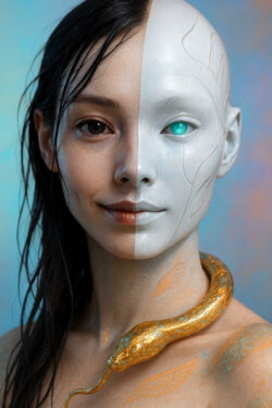 Eine Frau erscheint halb menschlich, halb künstlich, ihr Gesicht geteilt zwischen warmer Haut und glatter, weißer Android-Oberfläche. Ein türkis leuchtendes Auge strahlt futurale Energie aus, während ein goldener Schlangenschmuck ihren Hals umschließt. Feine Ornamente scheinen aus ihrer Haut zu wachsen wie digitale Tattoos. Der Hintergrund aus sanften Pastellfarben verstärkt den Eindruck eines Übergangs zwischen Biologie und Maschine.