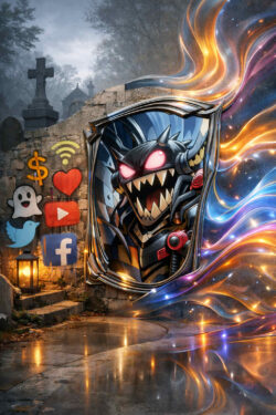 Ein aggressiv blickendes Monster mit leuchtend roten Augen erscheint in einem spiegelartigen Rahmen. Bunte, fließende Lichtströme brechen aus dem Bild heraus in den Raum. An der Steinmauer im Hintergrund sind Symbole sozialer Medien wie Dollarzeichen, Herz und Plattform-Icons zu sehen. Grabsteine und Nebel erzeugen eine morbide Stimmung. Das Bild thematisiert digitale Verlockung und emotionale Manipulation.