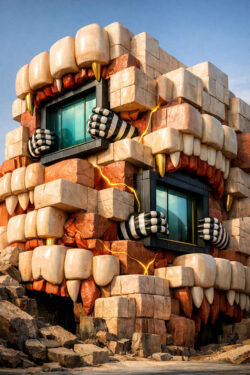 Ein massives Gebäude aus Steinblöcken ist mit riesigen Zähnen und klauenartigen Händen durchzogen. Fenster wirken wie Augen, die aus der Fassade herausgreifen. Goldene Risse leuchten in den Mauern und verleihen dem Baukörper eine bedrohliche Lebendigkeit. Die Szene verbindet Architektur, Körperlichkeit und Monsterästhetik zu einer verstörenden Einheit.