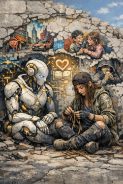 Ein humanoider Roboter sitzt neben einem jungen Mädchen in einer zerfallenen urbanen Umgebung. Beide sind in eine stille, konzentrierte Tätigkeit vertieft, die Nähe und Vertrauen ausdrückt. Im Hintergrund erscheinen fragmentarische Szenen von Stadtleben, Kindheit und Symbolen des Wissens. Die Bildkomposition verbindet Technik, Verletzlichkeit und Menschlichkeit zu einer melancholischen Erzählung.