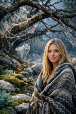 Eine Frau steht an einem moosigen Bachlauf unter knorrigen Bäumen. Spinnweben glitzern im gedämpften Licht, während ein weißer Wolf im Hintergrund auftaucht. Kleine Lichtpunkte verstärken die märchenhafte Stimmung. Die Szene wirkt still, geheimnisvoll und beschützend.