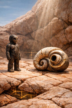Eine kleine, kindliche Figur aus dunklem Stein steht einer großen spiralförmigen Steinskulptur gegenüber. Beide befinden sich in einer felsigen Landschaft. Feine goldene Linien leuchten im Boden zwischen ihnen. Die Szene vermittelt Neugier, Unsicherheit und stilles Staunen.