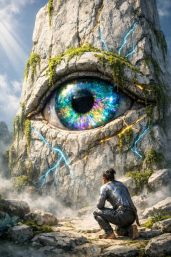 Eine riesige Felsformation ist zu einem Auge geformt, dessen Iris in allen Farben schillert. Blitze durchziehen den Stein. Vor dem Auge kniet ein einzelner Mensch in schlichter Kleidung. Nebel steigt vom Boden auf, Pflanzen wachsen zwischen den Steinen. Die Szene wirkt wie eine mythische Prüfung oder Offenbarung.