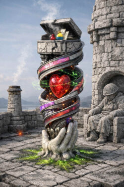 Eine steinerne Hand hält eine spiralförmige Konstruktion, in deren Zentrum ein leuchtendes rotes Herz schwebt. Farbig leuchtende Bänder und mathematische Symbole umkreisen das Herz. Die Umgebung wirkt wie eine verlassene Burg oder Ruine. Im Hintergrund sitzt eine steinerne Figur regungslos und beobachtend.