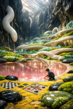 Ein kleines Kind kniet an einem rosafarbenen Wasserbecken in einer futuristischen, organisch gewachsenen Landschaft. Umgeben ist es von geschwungenen, glasartigen Strukturen, Moosflächen und warmem Licht. Die Architektur wirkt wie eine Symbiose aus Natur und Technologie. Das Bild vermittelt Schutz, Neugier und einen utopischen Ursprung. Eine stille, friedliche Atmosphäre dominiert die Szene.
