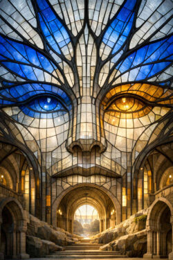 Ein monumentales Gesicht aus buntem Glas dominiert den Innenraum einer kathedralartigen Architektur. Die Augen leuchten in Blau und Gold, während sich darunter ein gewölbter Gang aus Stein öffnet. Licht fällt durch das Glas und erzeugt eine ruhige, ehrfürchtige Stimmung. Die Szene erinnert an eine Verbindung aus sakraler Architektur und abstrakter Bewusstseinsdarstellung.