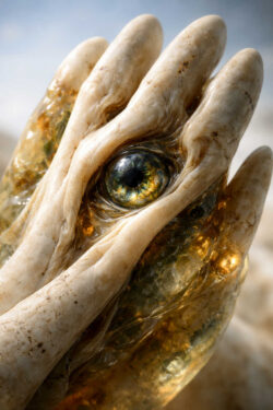 Eine steinerne Hand hält ein Auge, das zwischen organischer Oberfläche und kristalliner Struktur eingebettet ist. Goldene und bernsteinartige Materialien durchziehen das Objekt. Der Fokus liegt auf Textur, Detail und dem intensiven Blick des Auges. Die Szene vermittelt das Gefühl von Wahrnehmung, Bewusstsein und innerem Sehen.