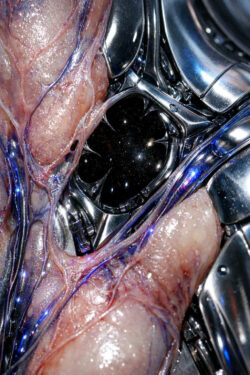 Eine enge Nahaufnahme zeigt die Verbindung von organischem Gewebe und poliertem Metall. In der Mitte öffnet sich ein dunkler, sternenähnlicher Hohlraum. Feine Adern und Lichtpunkte durchziehen die Oberfläche. Die Szene wirkt wie ein Fenster ins Innere einer künstlichen Existenz.