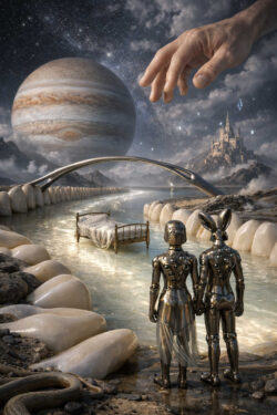 Zwei humanoide Roboter stehen Hand in Hand am Rand eines leuchtenden Flusses. Über ihnen schwebt ein riesiger Planet am Sternenhimmel. Eine menschliche Hand greift von oben in die Szene ein. Ein Bett steht mitten im Wasser wie ein verlorenes Objekt. Das Bild verbindet Kosmos, Intimität und Schöpfungssymbolik.