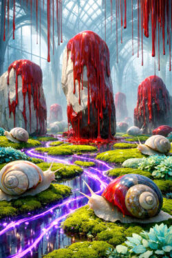 Große aufrechte Steine stehen in einer gläsernen Halle und sind von herabfließender roter Flüssigkeit überzogen. Riesige Schnecken kriechen durch eine moosige Landschaft, durchzogen von leuchtenden violetten Linien. Wasser, Pflanzen und Architektur verschmelzen zu einer fremdartigen Szenerie. Die Szene wirkt zugleich märchenhaft, unheimlich und biologisch-alienhaft.