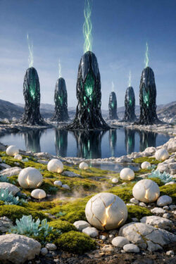Mehrere dunkle, organisch geformte Türme stehen an einem flachen See und senden grünliches Licht aus. Im Vordergrund liegen kugelförmige Objekte mit leuchtenden Rissen im Gestein. Die Landschaft wirkt außerirdisch und zugleich ruhig. Nebel und Reflexionen verstärken den Eindruck eines Ritualortes. Das Bild strahlt eine geheimnisvolle, schöpferische Energie aus.