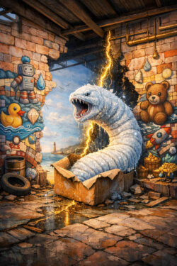 Ein weißes, monsterartiges Wesen mit aufgerissenem Maul erhebt sich aus einem Karton. Ein Blitz durchzuckt seinen Körper und verbindet ihn mit der Umgebung. Die Wände sind mit kindlichen Wandbildern geschmückt: Roboter, Spielzeug, Bären und Raketen. Goldene Flüssigkeit tropft aus Eimern, der Boden ist feucht und zerbrochen. Das Bild kontrastiert kindliche Unschuld mit zerstörerischer Energie.