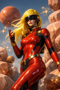 Eine futuristische Frau mit langem blondem Haar trägt einen glänzenden roten Anzug mit schwarzen und goldenen Elementen. Ein dunkles Visier verdeckt ihre Augen. Um sie schweben funkelnde Partikel und kugelförmige Himmelskörper. Die felsige Umgebung wirkt außerirdisch. Das Bild vermittelt Stärke, Isolation und kontrollierte Macht.