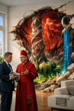 Zwei Männer, einer davon in kirchlicher Kleidung, stehen in einem modernen Wohnzimmer. Hinter ihnen hat sich die Wand geöffnet und gibt den Blick auf eine fremde, feurige Welt frei. Organische Strukturen und leuchtende Flüssigkeiten dringen in den Raum. Realität und Fantasie scheinen miteinander zu kollidieren.