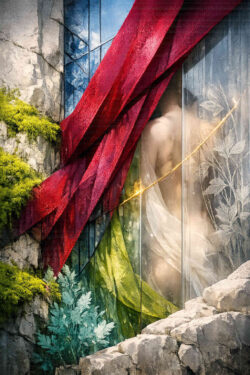 Halbtransparente Stoffbahnen in Rot, Grün und Weiß hängen vor einer steinernen Öffnung. Pflanzen und Moos wachsen zwischen Mauerwerk und Glasflächen. Ein menschlicher Körper scheint hinter den Schichten verborgen. Die Szene wirkt wie ein Übergang zwischen Natur, Architektur und innerem Raum.