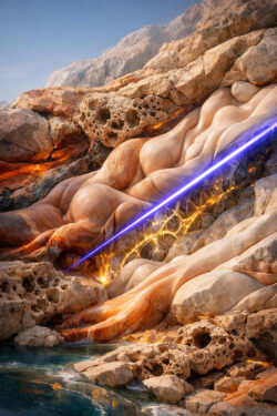 Eine felsige Küstenlandschaft wird von einer scharf gezogenen, violett leuchtenden Linie durchzogen. Die Gesteinsformationen wirken organisch, fast fleischlich, und sind von goldenen Adern durchsetzt. Wasser fließt ruhig am unteren Bildrand. Die Szene vermittelt eine Mischung aus natürlicher Schönheit und künstlicher Intervention.