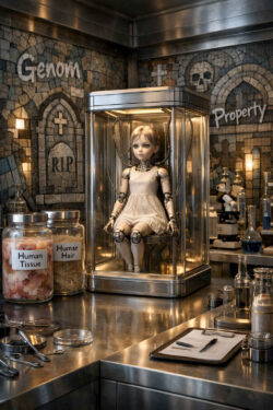 Eine kindlich wirkende Androidenfigur sitzt in einer Glasvitrine in einem sterilen Labor. Auf Gläsern stehen die Aufschriften „Human Tissue“ und „Human Hair“. Die Wände sind mit Mosaiken aus Grabsteinen, Kreuzen und den Worten „Genome“ und „Property“ verziert. Kabel und Instrumente verbinden Technik und Körper. Die Szene stellt Besitzansprüche auf Leben und Identität infrage.