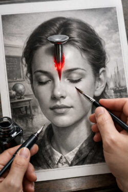 Ein schwarz-weißes Porträt einer jungen Frau liegt auf einem Tisch. Ein Nagel scheint in die Stirn der abgebildeten Person getrieben zu sein und leuchtet rot. Zwei Hände mit Zeichenstiften bearbeiten gleichzeitig das Gesicht. Tintenfass und historische Umgebung verstärken den Eindruck von Manipulation. Das Bild wirkt wie eine visuelle Metapher für mentale Gewalt.