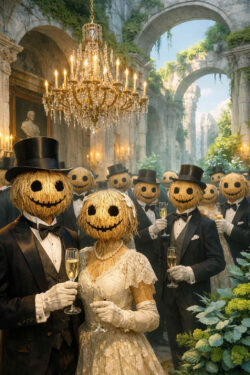 Elegant gekleidete Gestalten mit Vogelscheuchengesichtern strohähnlichen Masken stehen in einer überwucherten Ruinenhalle. Kronleuchter und Kerzen tauchen die Szene in warmes, festliches Licht. Champagnergläser und Abendgarderobe kontrastieren mit den leeren, lächelnden Maskengesichtern. Die Szene wirkt höfisch, unheimlich und subtil bedrohlich.