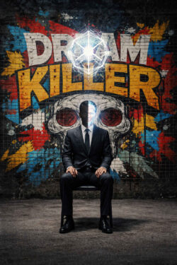 Ein Mann im Anzug sitzt regungslos vor einer Graffitiwand mit der Aufschrift Dream Killer. Sein Gesicht ist zur Hälfte von hellem Licht durchzogen, als würde etwas in ihm aktiviert. Über seinem Kopf schwebt eine geometrische Lichtstruktur. Die Szene wirkt wie ein Moment zwischen Kontrolle, Manipulation und Erkenntnis.