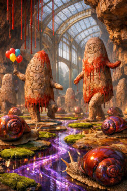 Steinerne, figurenhafte Wesen bewegen sich durch eine große Halle mit Glasdach, während rote Flüssigkeit von ihren Körpern tropft. Riesige Schnecken kriechen langsam durch flache Wasserläufe mit violett leuchtenden Strömungen. Eine Figur hält bunte Ballons in der Hand, was der Szene einen irritierend spielerischen Charakter verleiht. Die Umgebung wirkt zugleich festlich, grotesk und surreal.