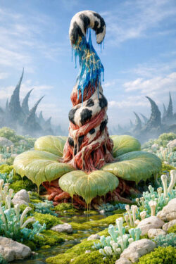 Eine bizarre, pflanzenartige Struktur wächst aus einer moosigen Landschaft. Fleischartige Fasern, Fellmuster und tropfende Flüssigkeiten verbinden sich mit blattähnlichen Formen. Umgeben von fremdartigen Pflanzen entsteht eine zugleich lebendige und verstörende Szenerie. Das Bild spielt mit biologischer Ambivalenz und außerirdischer Evolution.