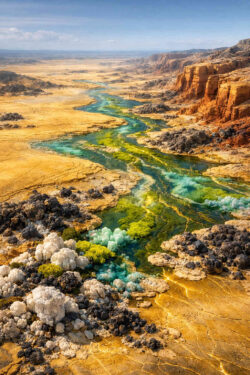 Ein breiter Fluss schlängelt sich durch eine weite, trockene Landschaft. Mineralische Ablagerungen und farbige Sedimente säumen das Wasser. Felsformationen rahmen den Horizont. Die Szene vermittelt Weite, Stille und langsame Bewegung.
