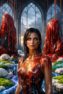 Eine junge Frau steht in einem sakral anmutenden Garten zwischen tropfenden roten Säulen. Ihre Haut und ihr Kleid sind mit einer glänzenden roten Substanz überzogen. Schnecken bewegen sich durch Wasserläufe und Moosflächen. Die Szene wirkt ruhig, aber verstörend. Schönheit und Opfer verschmelzen zu einem rituellen Bild.