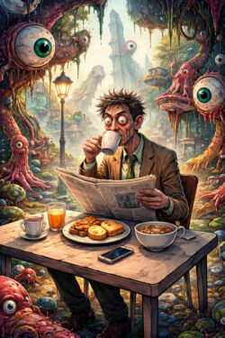 Ein erschöpft wirkender Mann sitzt an einem Tisch und liest Zeitung, während er Kaffee trinkt und frühstückt. Um ihn herum wächst eine surreal-organische Landschaft voller Augen, Tentakel und schleimiger Formen. Die Szene wirkt gleichzeitig alltäglich und albtraumhaft, als hätte sich Normalität an das Absurde angepasst. Licht und Farben erzeugen eine seltsam friedliche, aber beunruhigende Atmosphäre.