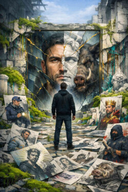 Ein Mann steht inmitten einer ruinösen Halle vor einem monumentalen Wandbild, das sein Gesicht mit Tierhälfte zeigt. Um ihn herum liegen zahlreiche Porträts, die ihn in unterschiedlichen Rollen darstellen. Pflanzen wachsen durch Risse im Stein und verbinden Verfall mit Erneuerung. Die Szene wirkt introspektiv und konfrontativ. Identität erscheint hier als Fragment.