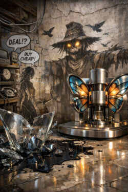 Eine futuristische Maschine mit schmetterlingsartigen Flügeln steht auf einem glänzenden Boden voller schwarzer Flüssigkeit. Zerbrochenes Glas liegt im Vordergrund wie das Ergebnis eines gescheiterten Experiments. An der Wand dahinter ist eine düstere Vogelscheuche mit leuchtenden Augen aufgemalt. Sprechblasen mit den Worten „DEAL!?“ und „BUY CHEAP!“ verweisen auf billige Versprechen. Die Szene verbindet Konsumkritik mit Bedrohung und Verfall.