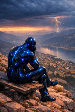 Eine dunkle, humanoide Figur sitzt nachdenklich auf einer Bank hoch über einem Tal. Elektrisch leuchtende Adern durchziehen ihren Körper. In der Ferne erhellt ein Blitz den Himmel über einem See und einer Stadt. Die Landschaft ist weit und ruhig, im Kontrast zur inneren Spannung der Figur. Das Bild wirkt meditativ und zugleich dramatisch.