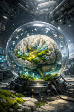 Ein riesiges menschliches Gehirn befindet sich in einer transparenten Kuppel in einer futuristischen Halle. In seinem Inneren wachsen Pflanzen, Felsen und leuchtende Energieadern. Kleine schwebende Figuren tanzen um die Struktur herum. Technik und Natur sind untrennbar miteinander verbunden. Bewusstsein erscheint als gezüchtete Landschaft.