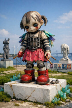 Eine puppenhafte Figur mit großen dunklen Augen steht auf einem Sockel. Sie trägt ein abgenutztes Kleid mit der Aufschrift „HELP ME“ und ist mit Draht und Metallteilen um den Oberkörper fixiert. Blutähnliche Spuren bedecken Hände und Gesicht. Im Hintergrund stehen weitere Skulpturen in einer Küstenlandschaft.